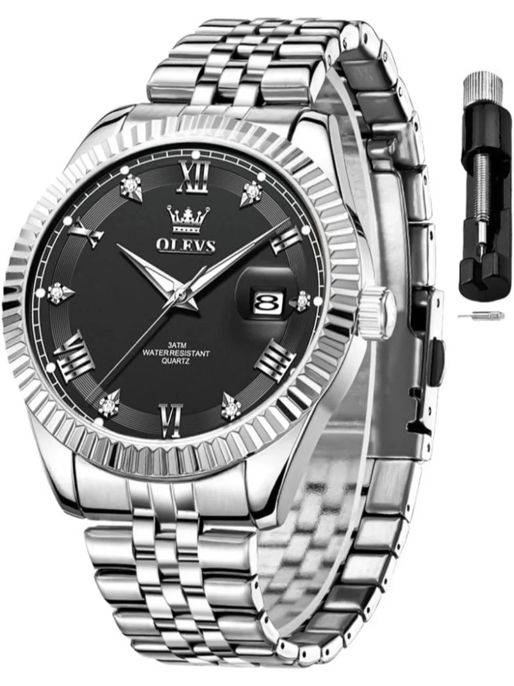 Men's Silver Black Diamond Classic Analog Stainless Steel Waterproof Wrist Watch
